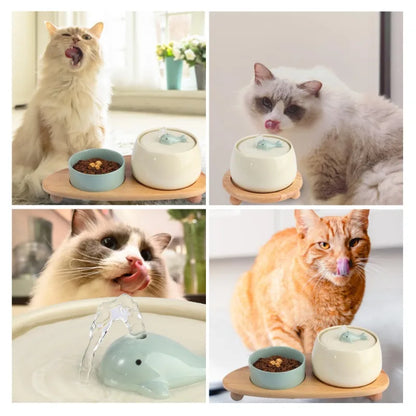 1.3L Ceramic Cat Fountains for Drinking, Anti-burn Cat Water bowl with 1 wooden mat USB Automatic Water Dispenser for Cats