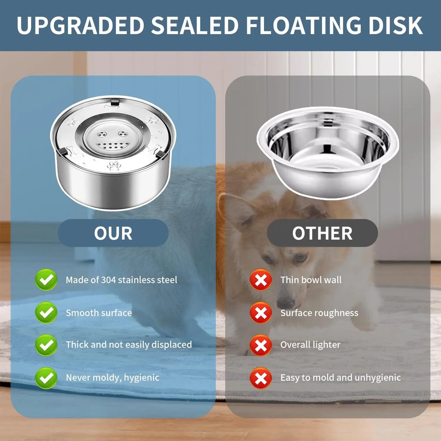 3L/101oz Large Capacity Dog Water Bowl Stainless Steel No Spill Dog Bowls Slow Drinking Dog Water Feeder Dispenser