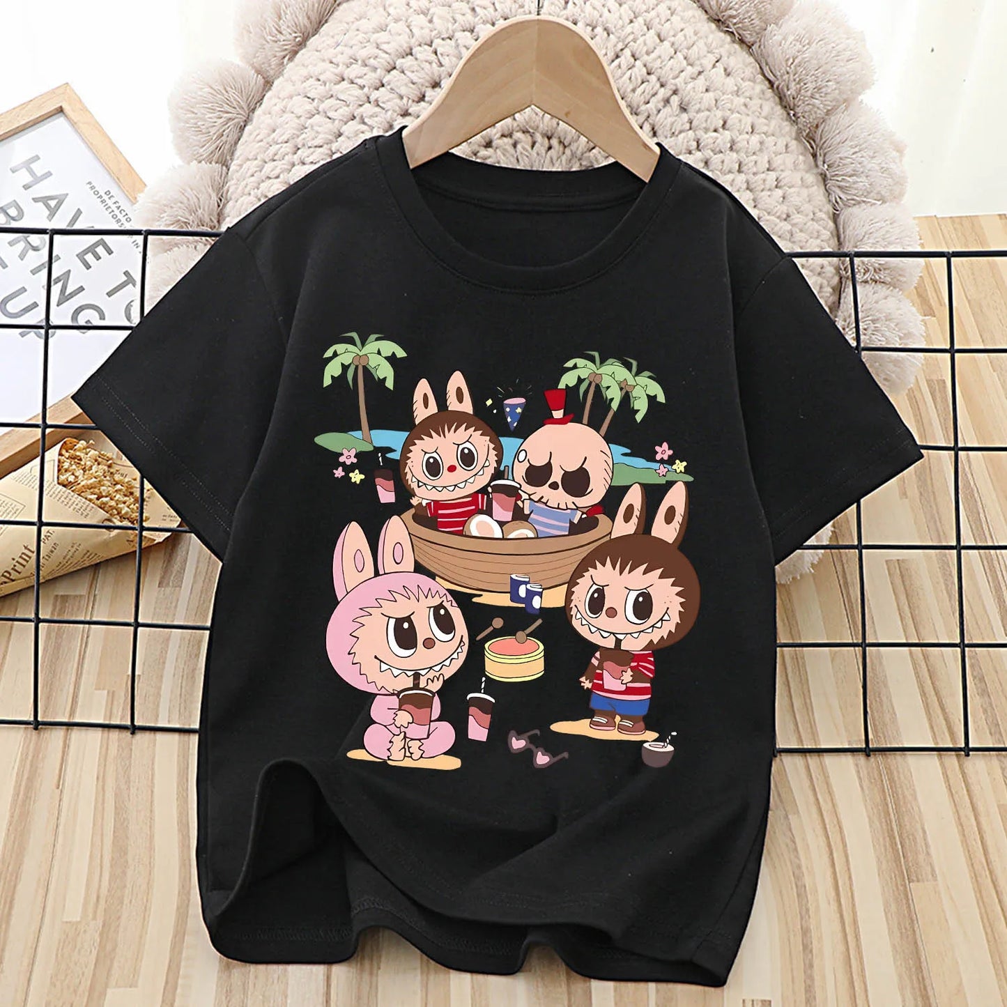 Labubu T-shirt for Children Cute Cartoon Anime Tee Top Black Short Sleeve Round Collar Clothes Fashion Kids Summer Clothing Gift