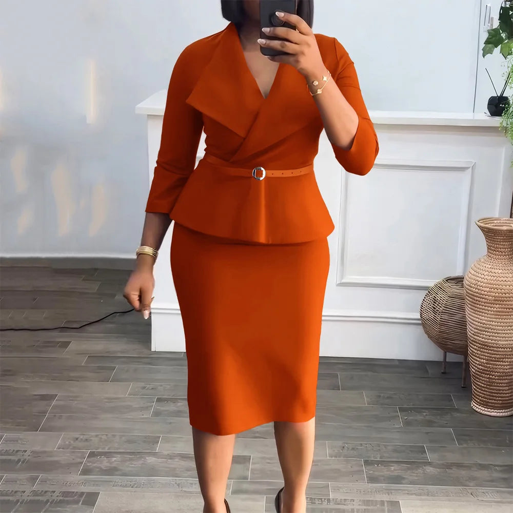 Elegant Office Dresses for Woman V Neck Full Sleeve Belt Waisted Sheath Package Hips Mid Calf Formal Business Work Wear Gowns OL
