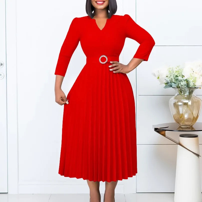 Office Dresses for Women V Neck Full Sleeve Belt Waisted Pleated Mid Calf Elegant Female Business Work Wear Dress Midi Cloth New
