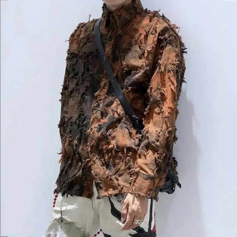 PFHQ Tie Dye Patchwork Shirts Men's Turn-down Collar Long Sleeve Tops Personalized Single Breasted Tassel Male Clothing 21Z9142