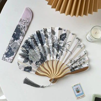 Portable Hand Fold Fan New Chinese Style Dance Props Retro Shell Fan Woman Men Bamboo Wood Silk Flower Folding Fan