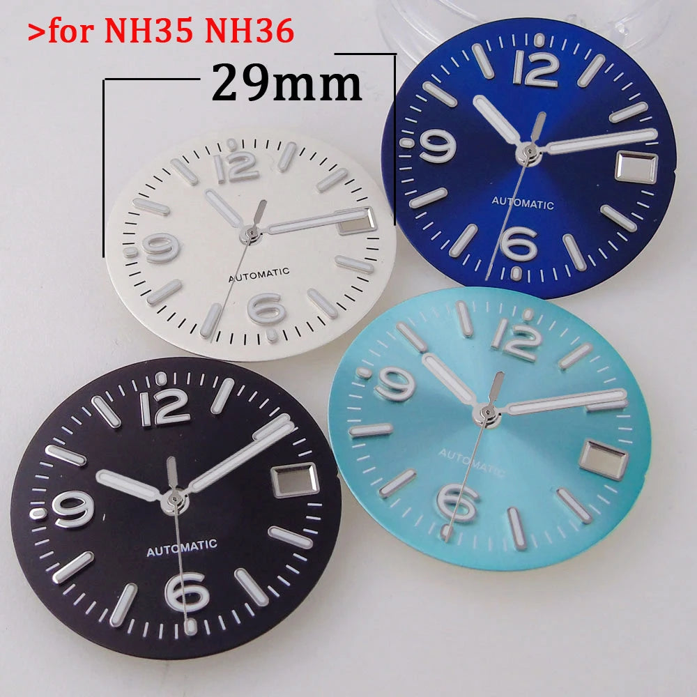 29MM Pilot Watch Dial Face for NH35 NH36 Dive Watch Mod Parts Silver Hand set Date Window Sterile Dial Plate Green Luminous