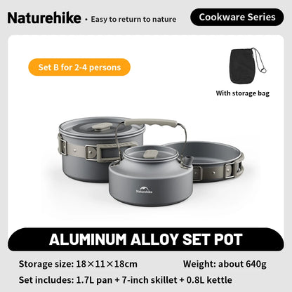 Naturehike Camping Pot Set Aluminum Alloy Cookware Pot Set Portable Outdoor Picnic Tableware Camping Cookware Kit CNK2450CF010