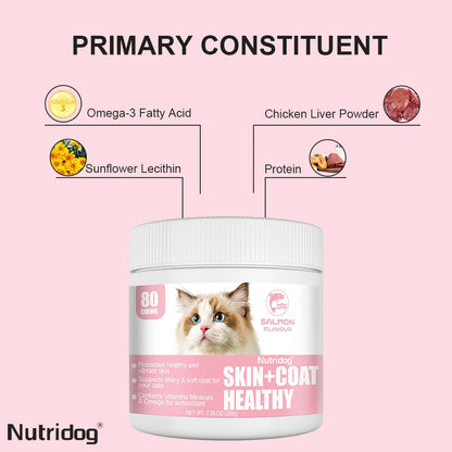 Skin & Coat Cat Chews - Omega 3, Vitamin E, Biotin Supplements for Healthy Skin, Glossy Coat & Anti - Shedding, Salmon Flavor