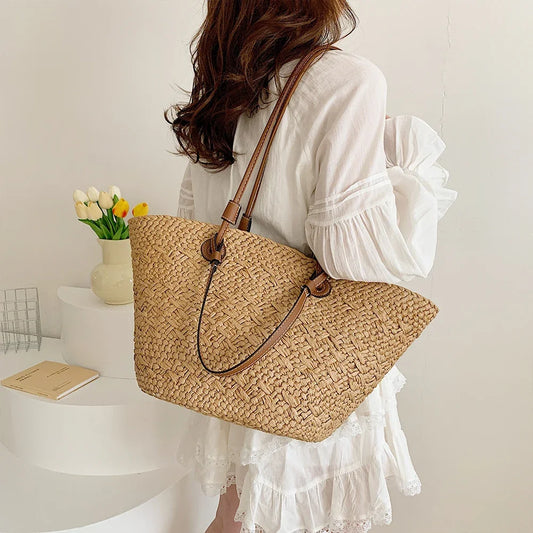 Women Woven Tote Bag Simple Woven Handbag Large Capacity Stylish Weaving Bag Tote Clutch Bags Chic Hobo Bag for Party Vacation