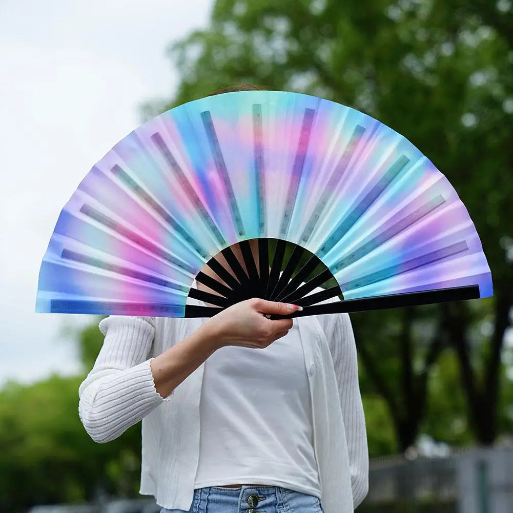 33cm Large Folding Hand Rave Fan Chinease/Japanese Gifts Fan Dance Music Colorful Fan Festival Fan Gradient Reflective Fold