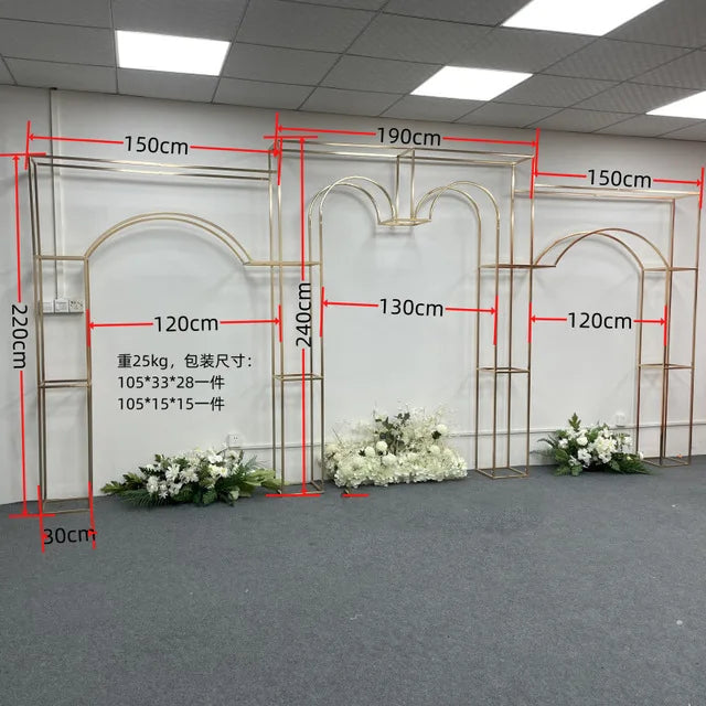 Shiny Gold-Plated Square Screen Backdrop Shelf, Wedding Arch, Geometric Flower, Door Stand, Artificial Flor, 2.2m, 3Pcs