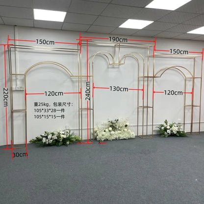 Shiny Gold-Plated Square Screen Backdrop Shelf, Wedding Arch, Geometric Flower, Door Stand, Artificial Flor, 2.2m, 3Pcs