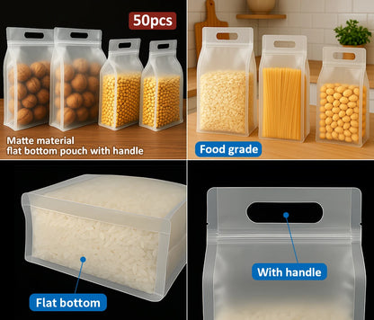 50pcs Reusable Matte Flat Bottom Pouch with Handle and Zipper Food Grade Material Plastic Packaging Bags for Storing Food Snacks