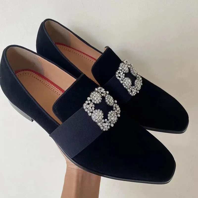 Silver Rhinestone Shoes Man Pointed Toe Black Real Suede Flats Male Fashion Wedding Shoes