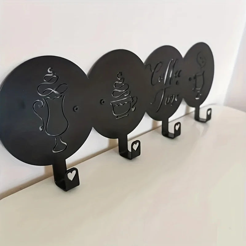 4 Hooks Coffee Time Written, Decorative Kitchen Hooks, coffee Mug Decorated,  Mug Holder Towel Holder Iron Crafts，Wall hanging
