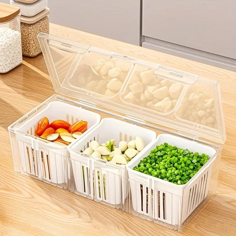 New 3 Grid Refrigerator Food Fresh-keeping Box Ginger Garlic Onion Pepper Storage Box Fruit Vegetable Basket Kitchen Organizer