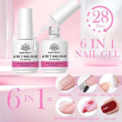 BORN PRETTY 15/10ML 6 IN 1 Nail Glue Gel for Acrylic Nails Soak off Base Gel Top Coat UV Extension Nail Gel False Nail Tips Gel