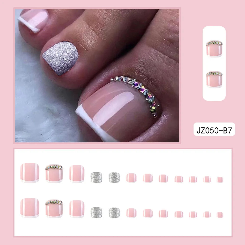 24 Pcs French Design Fake Toe Nail Press on Toe Nail Summer False Nails Acrylic Reusable Toe Nail Decorated Nails With Tool Kit