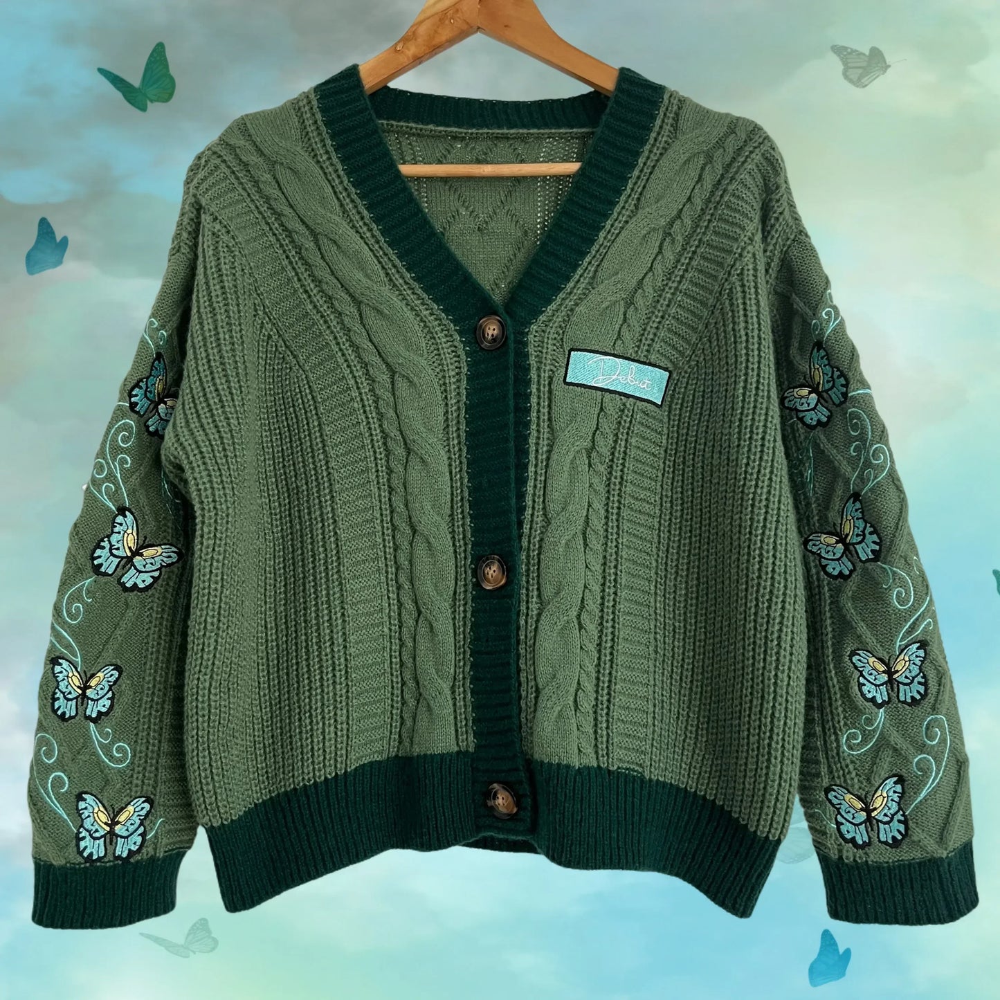 Butterfly Knitted Cardigan Women Dark Green Cardigans with Embroidery Winter Letter Patch Oversized Sweaters Tops Folklore Girl