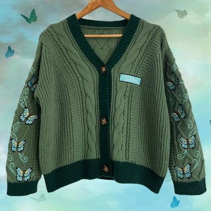 Butterfly Knitted Cardigan Women Dark Green Cardigans with Embroidery Winter Letter Patch Oversized Sweaters Tops Folklore Girl