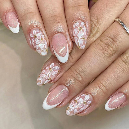 Pink French Style False Nails White Flower Printed Short Square Head Press on Nails Simple Wearable Artificial Nails Art 24Pcs