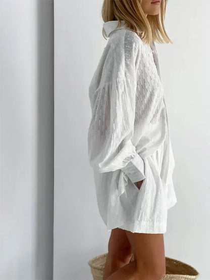 Casual Loose Women Short Two Piece Set Suit Fashion Blouse Long Sleeve Shirt Lady Simple Style Shorts Streetwear Blouse Tops