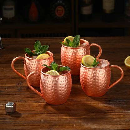 Moscow Mule Copper Mugs | Set of 4 Hammered Cups with Strong Riveted Handle Hold 540ml ( 18oz)