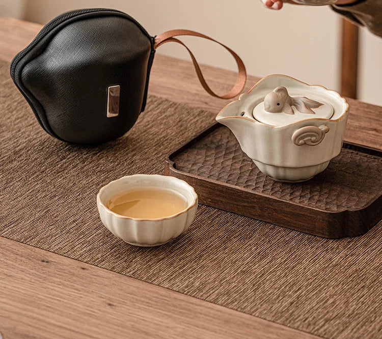Beige Ru Ware Travel Tea Set Portable Outdoor One Pot Two Cups Porcelain Brewing Equipment Suit