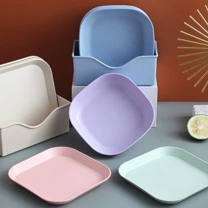 Reusable Food Serving Dishes with Rack, 10Pcs Square Wheat Straw Plates Salad Bowl