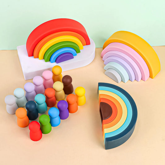 Silicone Geometric Rainbow Building Block BPA Free Babys Silicone Teether Educational Montessori Toys Stacking Block Baby Gifts