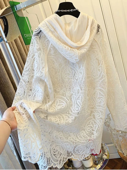 Oversized Tops Temperament Coat Women's Clothing Hooded Lace Hollow Out Outwear 2025 Ropa Mujer Casual Summer Fashion Jackets