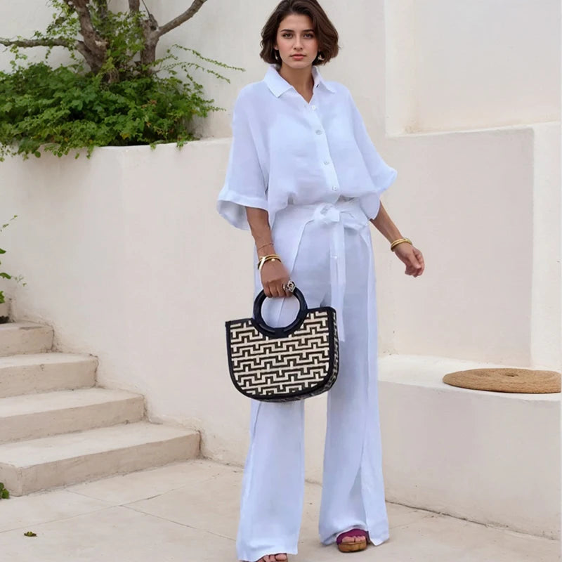 Office Lady Shirt Pants Two Piece Set Casual Single Breasted Three-quarter Sleeves Top And Belt Irregular Wide Leg Trousers Suit