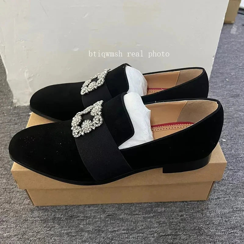 Silver Rhinestone Shoes Man Pointed Toe Black Real Suede Flats Male Fashion Wedding Shoes