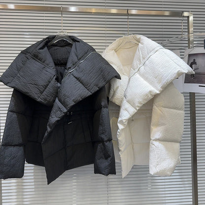 Winter Big Turn Down Collar Long Down Jacket Drawstring Striped Thick Knee Length Overcoat Warm White Duck Down Jacket Women