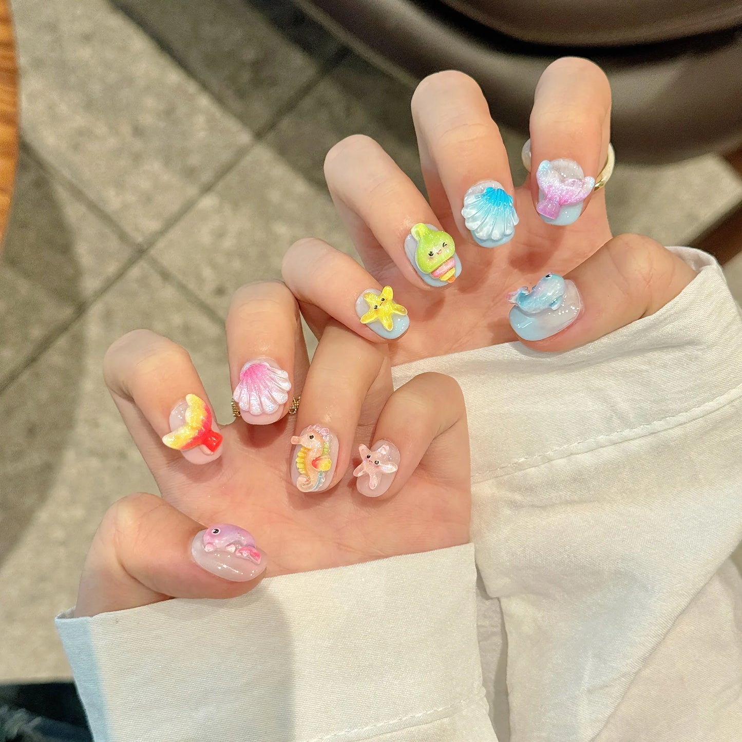 10Pc Acrylic Kawaii Press on Nails Cute Funny Fake Nails with Cartoon Animal Nails Wearable Short Square Full Cover Manicure Tip