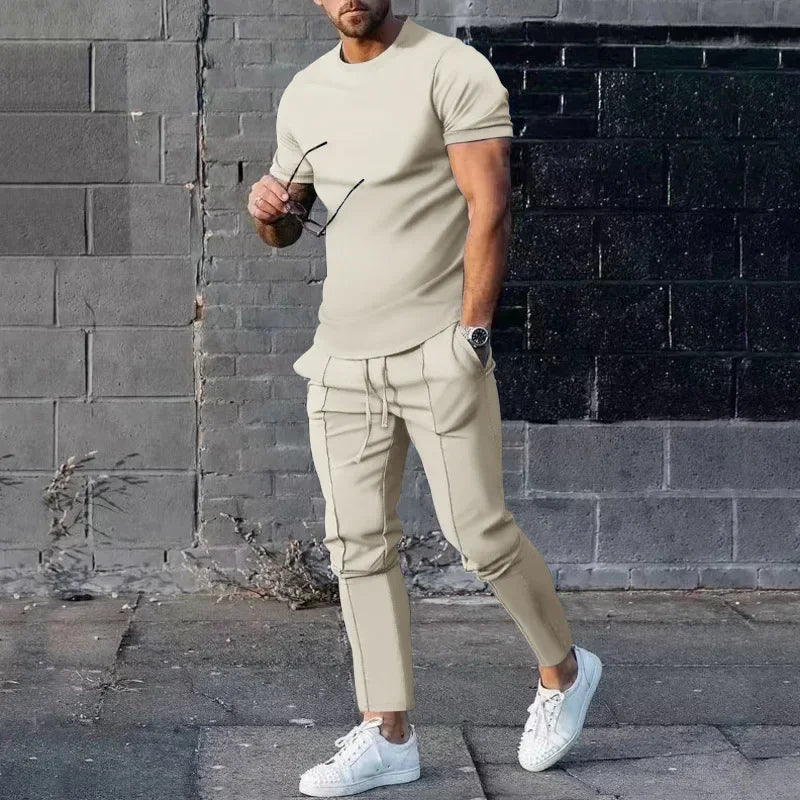 Sports Set Mens Fall 2023 Summer Solid Casual Round Neck Short Sleeve Sports T-shirt Two Piece Set for Men