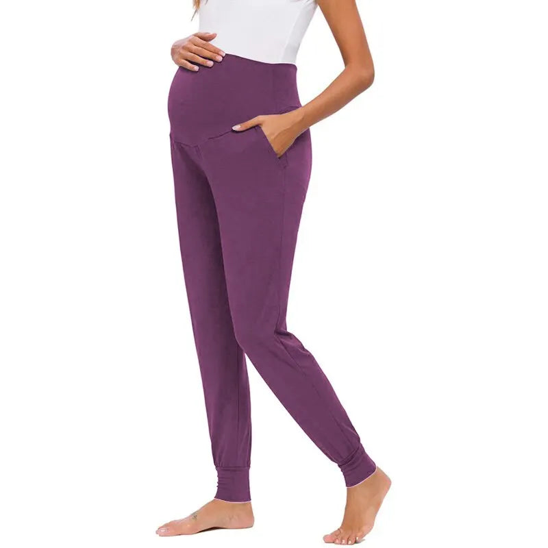 Spring Autumn Maternity Women's Casual Pants Solid High Waist Strechy Lounge Trousers For Pregnant Women Joggers With Pockets