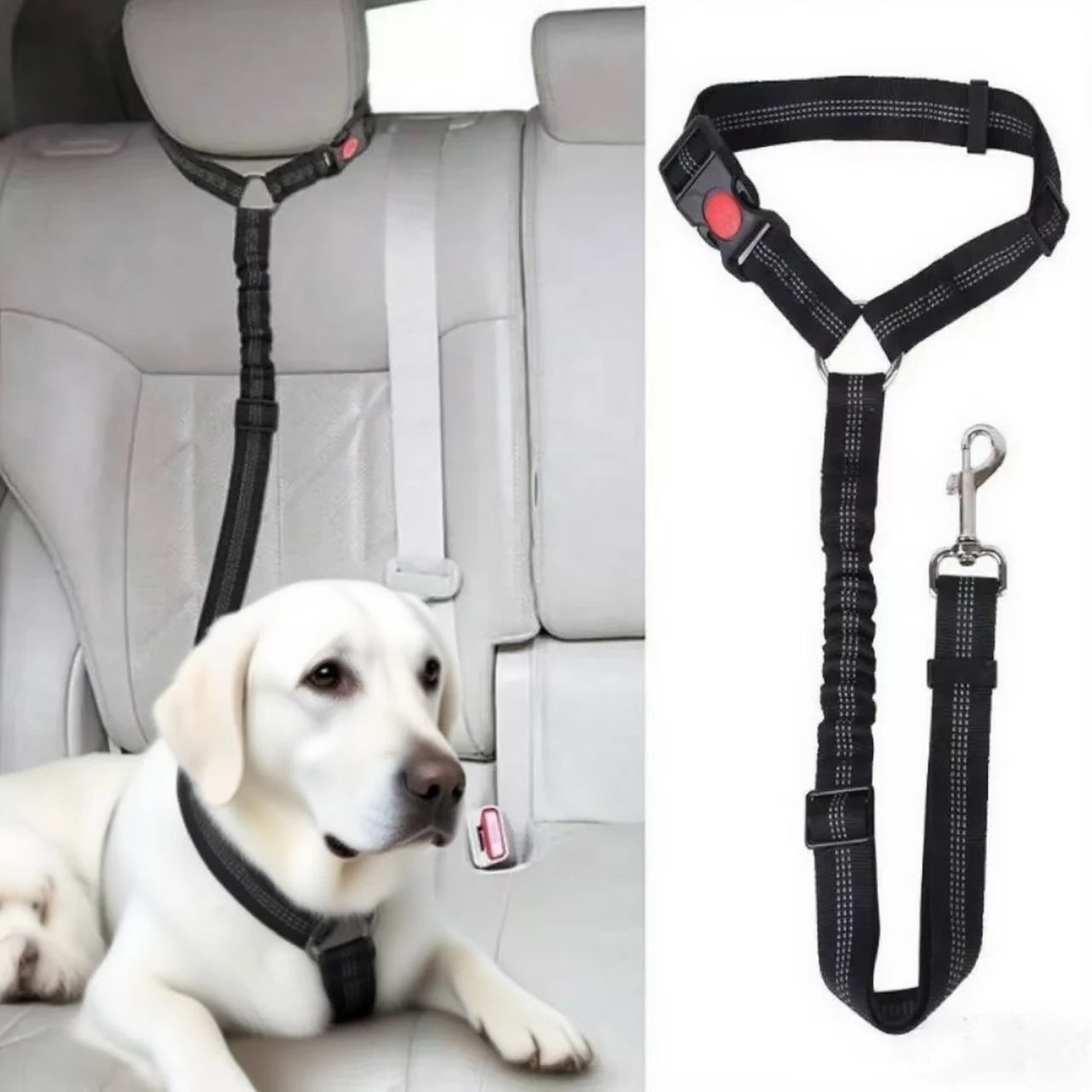 2-in-1 Dog Car Seatbelt Headrest Restraint Adjustable Reflective Pet Safety Seat Belt Clip Buckle Tether Large Medium Small Dogs