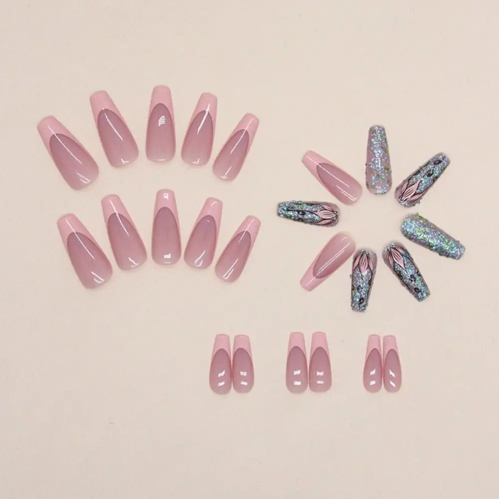 24pcs Press on Nails Square Head Fake Nails French Nail Press on Nails Waterproof Detachable Faux Fingernails Nail Tips for DIY