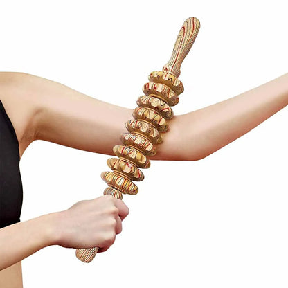 9 Rollers Curved Massager Handheld Stick Wooden Lymphatic Drainage Massage Tools for Anti-cellulit, Body Muscle Pain Relief