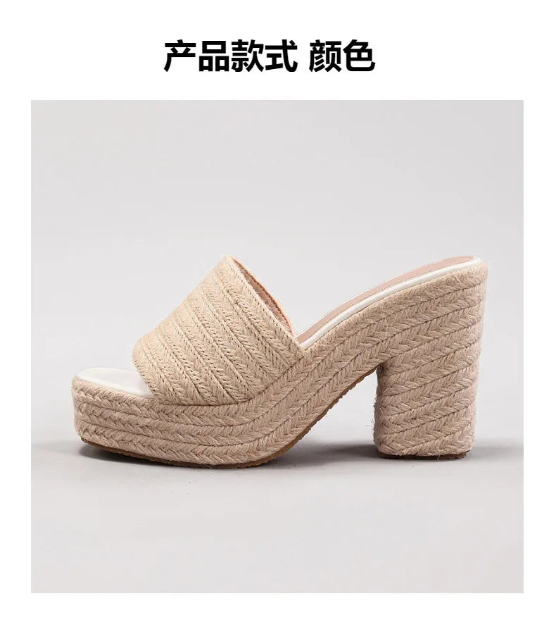 Women's hemp rope platform sandals braided grass summer waterproof high heels European and American style