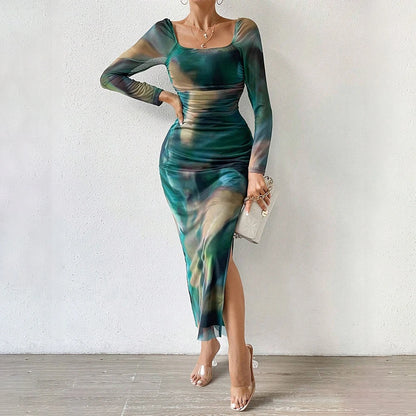 Mia Muse Autumn Winter Women's Dresses Fashion Fitting Slim Gradient Color Long Sleeve Scoop Neck Maxi Dresses