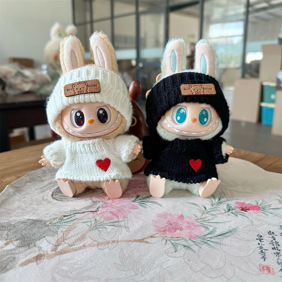 Cute Labubu Bunny Doll Accessories with Knitted Clothes Rabbit Ears Hat Heart Sweater for Toy Collectors Labubu Clothes