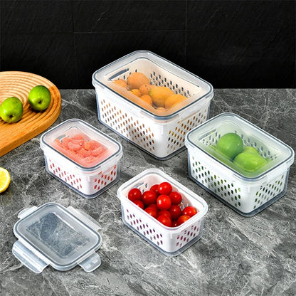 3Pack Fridge Food Storage Container Set with Lids with Strainer Kitchen Storage Boxes Fruit Vegetable  Organizer