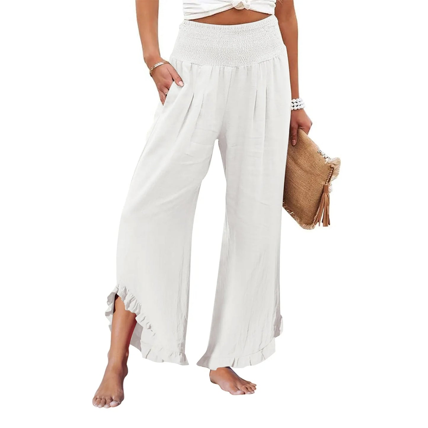 Summer Womens Palazzo Pants Summer Casual Flowy Wide Leg Trousers Beach Travel Vacation Outfits All Match Loose Baggay Pants