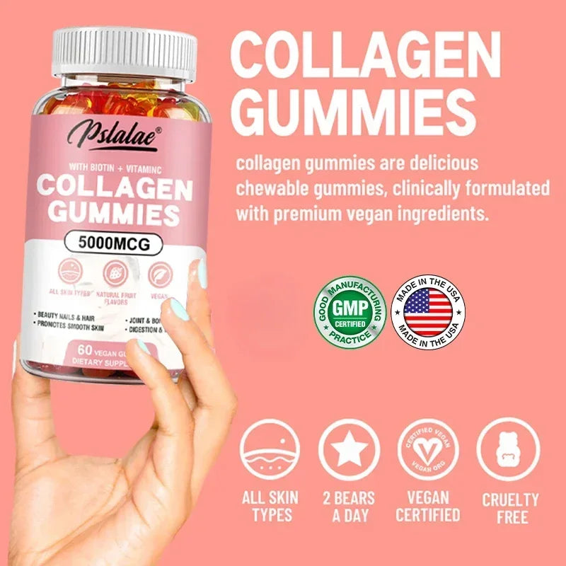 Collagen Gummies - Promotes Hydrated Skin, Healthy Hair, Stronger Nails, Reduces Wrinkles, and Improves Immunity Vegan