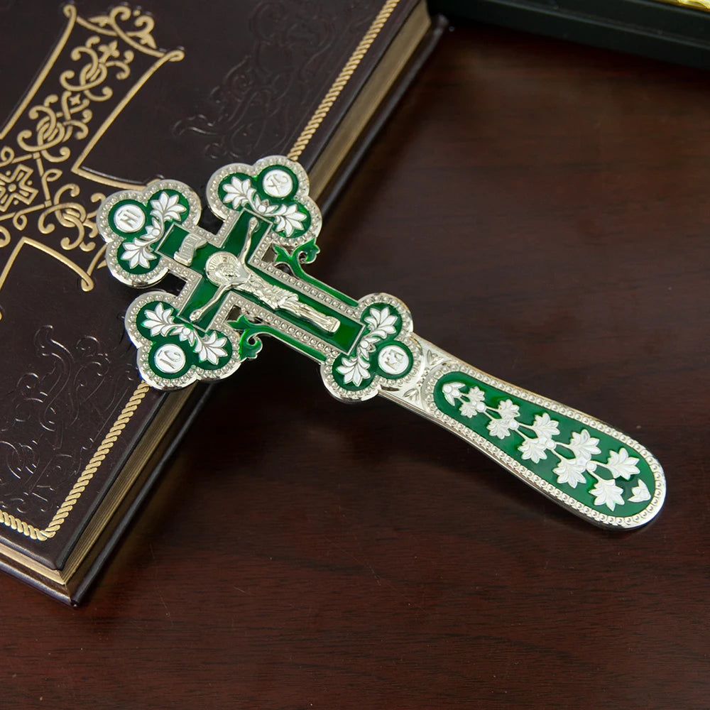 Orthodox Church Handle Blessing Church Cross Gold Plated Colorful Enamel Jesus Crucifix icon Cross With INRI For Prayer