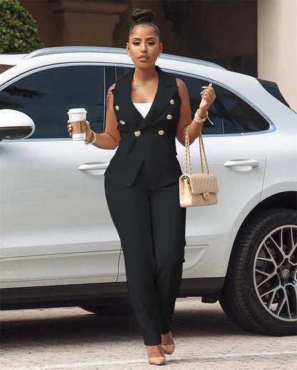 Business OL Work Wear Two Piece Pant Suits for Women Set Elegant Sleeveless Blazer Top + Pencil Pants Office Lady Matching Sets