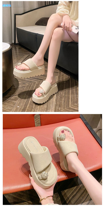 7cm Shiny Rhinestone High Platform Slippers Women Butterfiy-Knot Heels Chunky Sandals Woman Summer Thick Bottom Wedges Slides