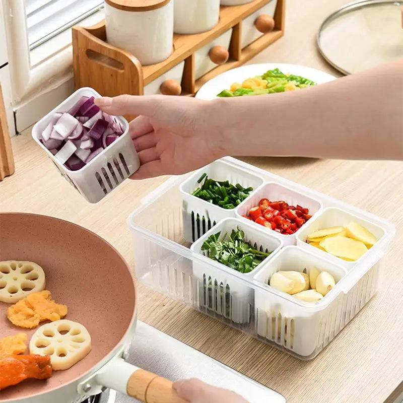 Six Grid Refrigerator Crisper Storage Containers Fridge Fresh Vegetable Fruit Boxes Drain Basket Kitchen Organizer Tools