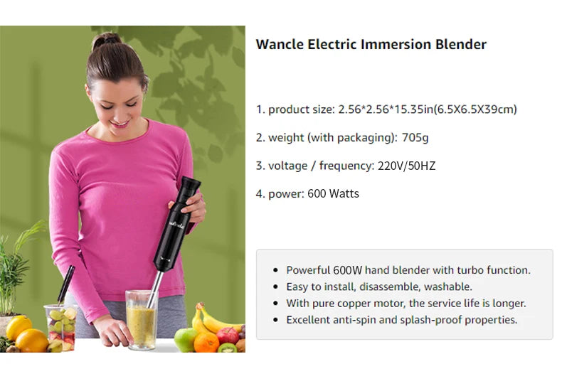 Wancle 600W Electric Hand Immersion Blender Multifunctional Kitchen Mixer For Baby Food Vegetable Meat Grinder Turbo Function