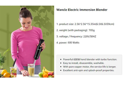 Wancle 600W Electric Hand Immersion Blender Multifunctional Kitchen Mixer For Baby Food Vegetable Meat Grinder Turbo Function